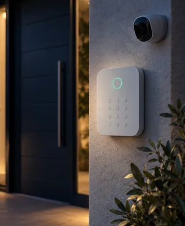 Panel y cámara de seguridad representando sistemas de alarma
